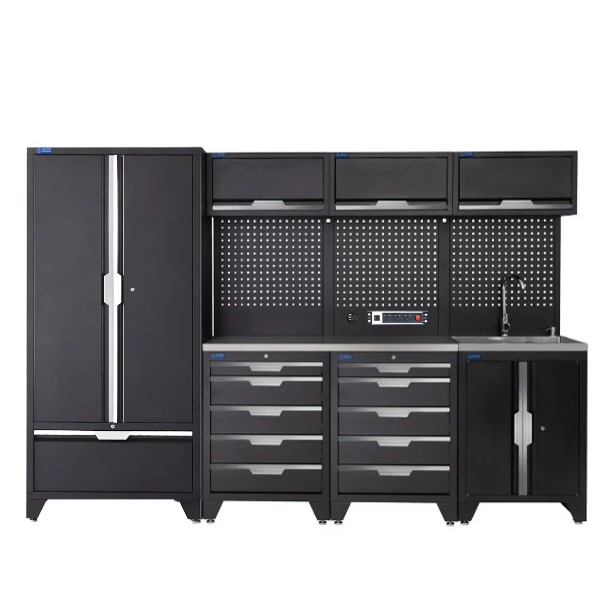 SGS 10pc Garage Storage System | 10 Drawers | Stainless Steel Worktop | Tall Double Cabinet with Drawer | Sink Unit | 3x Upper Cabinets | Pegboard with Power Strip